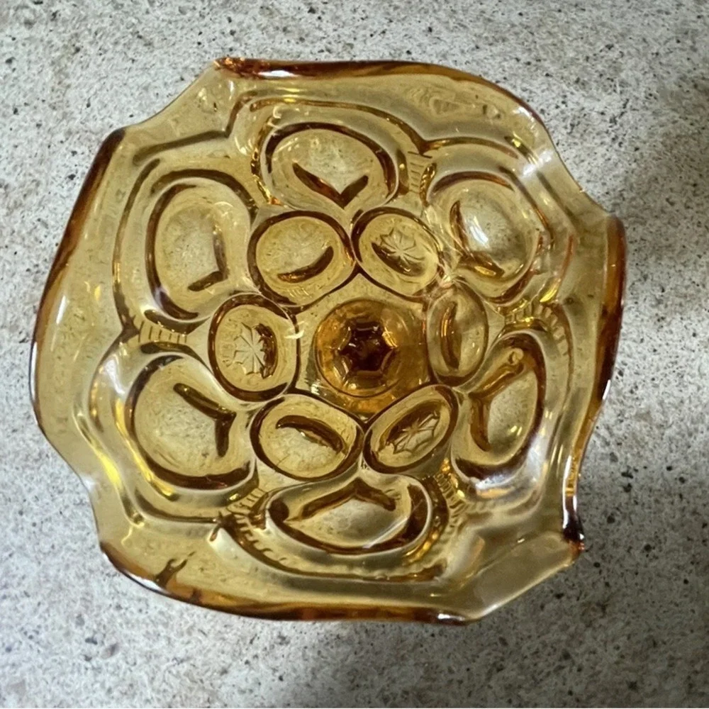 Amber Moon and Stars Pedestal Compote Candy Dish Ruffled Lip Vtg L E Smith 6